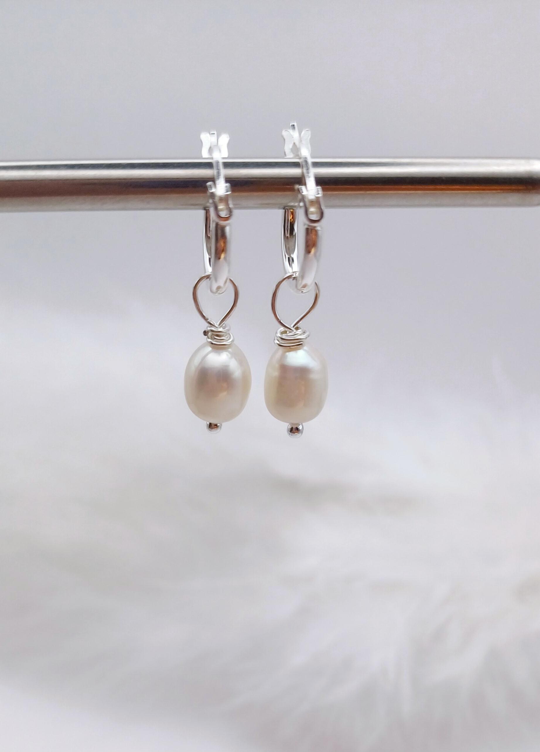 EARRINGS - Sterling Silver Hinged Hoop Pearl Earrings