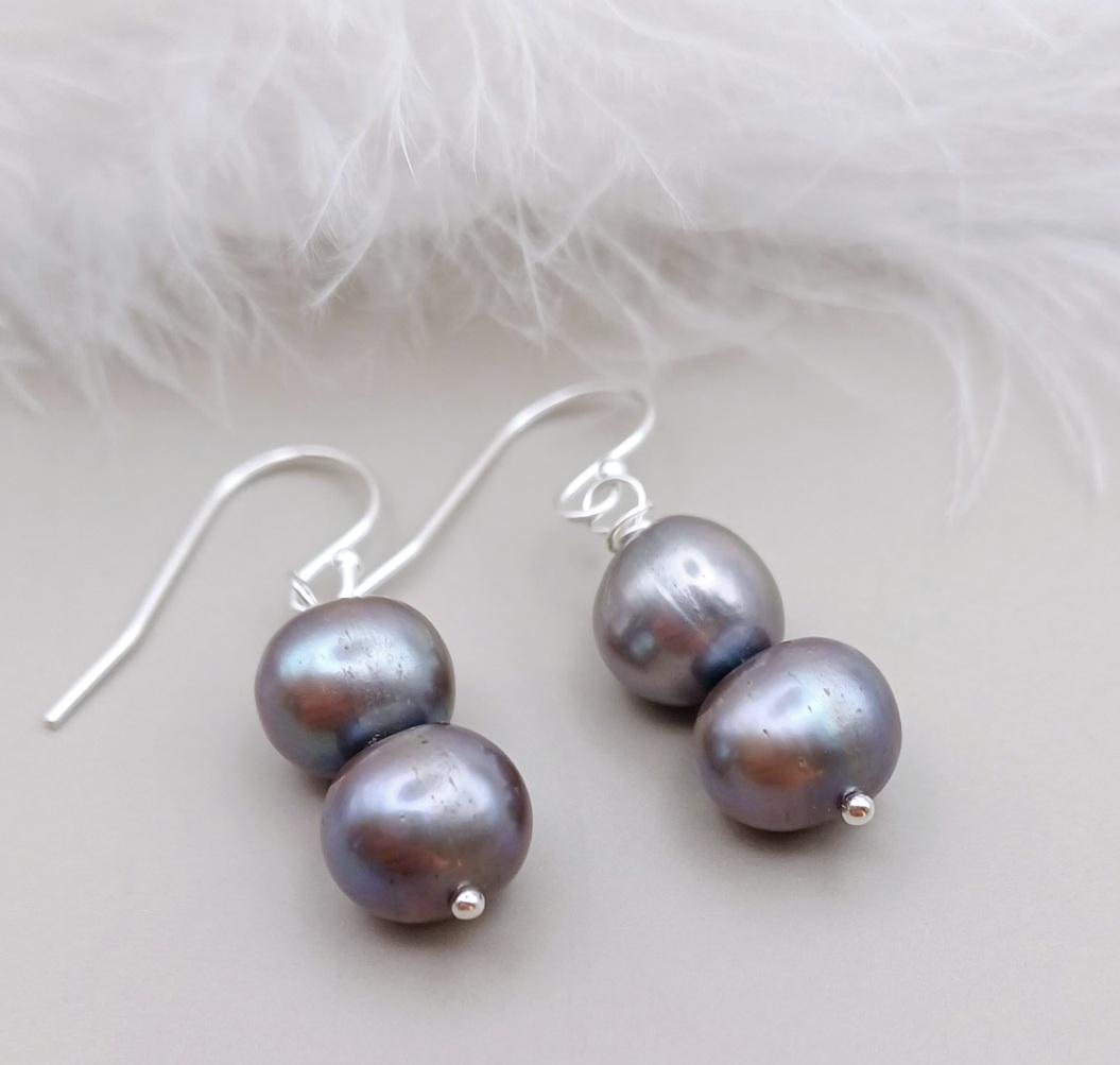 Sterling silver ear hook ear wires with freshwater grey pearls.