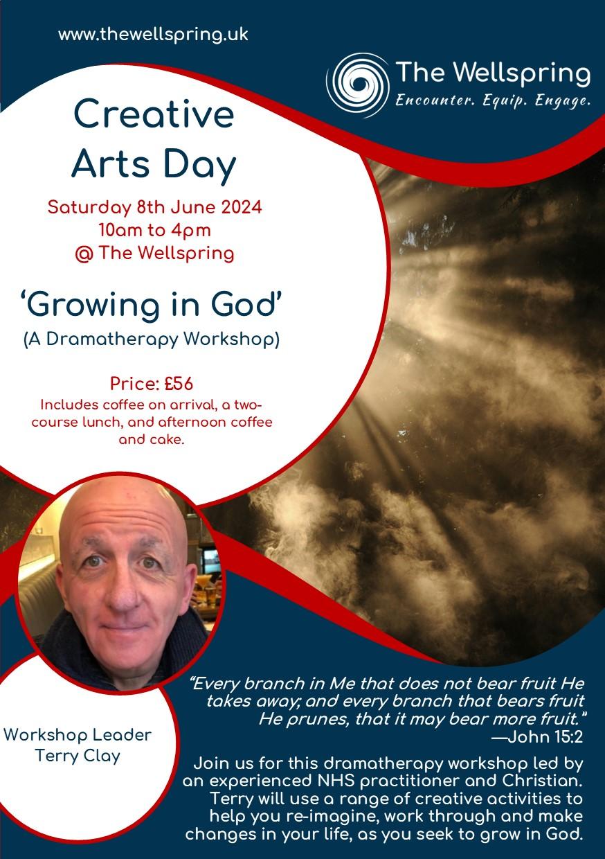 flyer for a dramatherapy workshop being held on saturday 8th june 2024 at the wellspring in ledbury, on the theme of 'Growing in God'