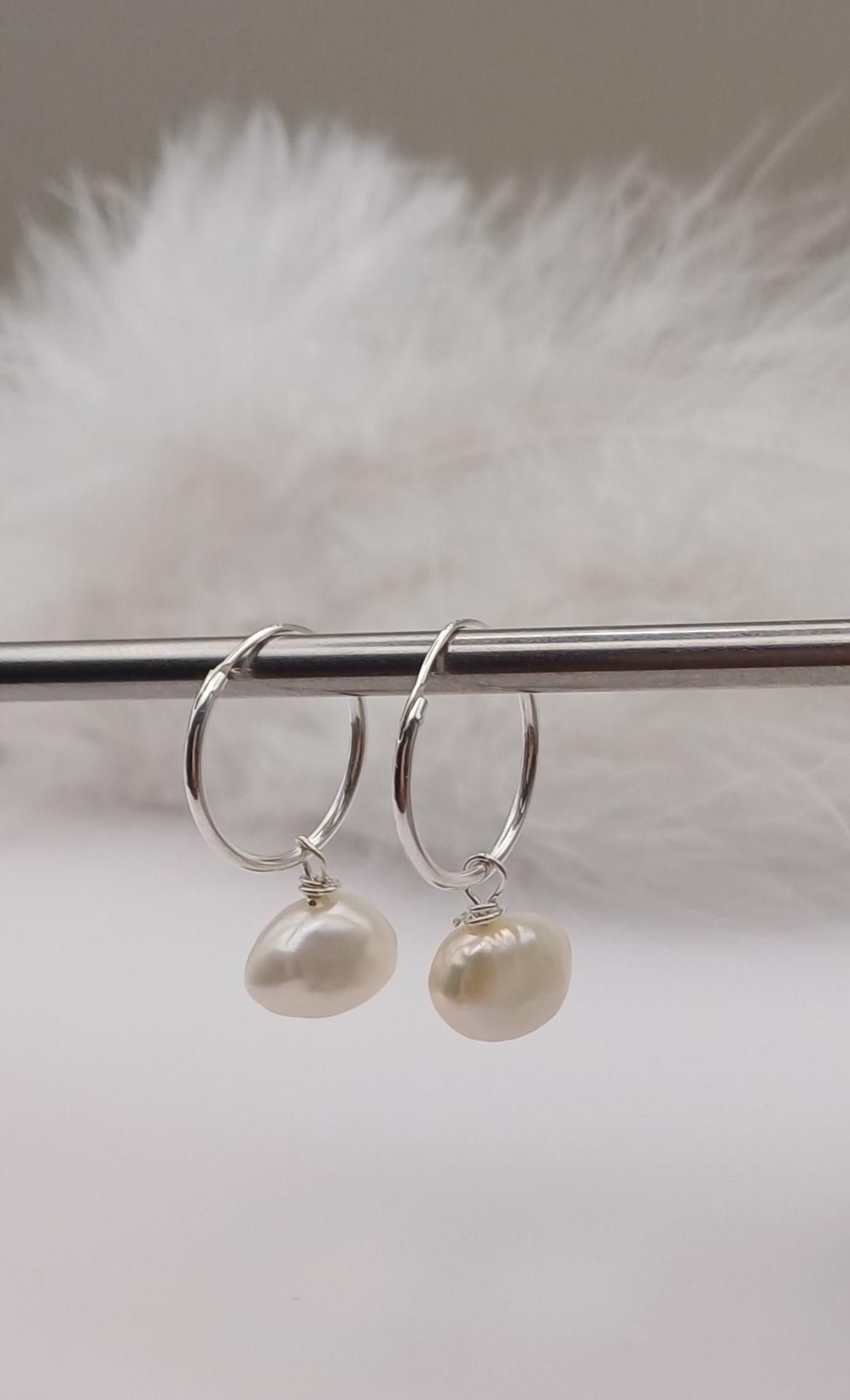 EARRINGS - Sterling Silver Pearl Hoop Earrings