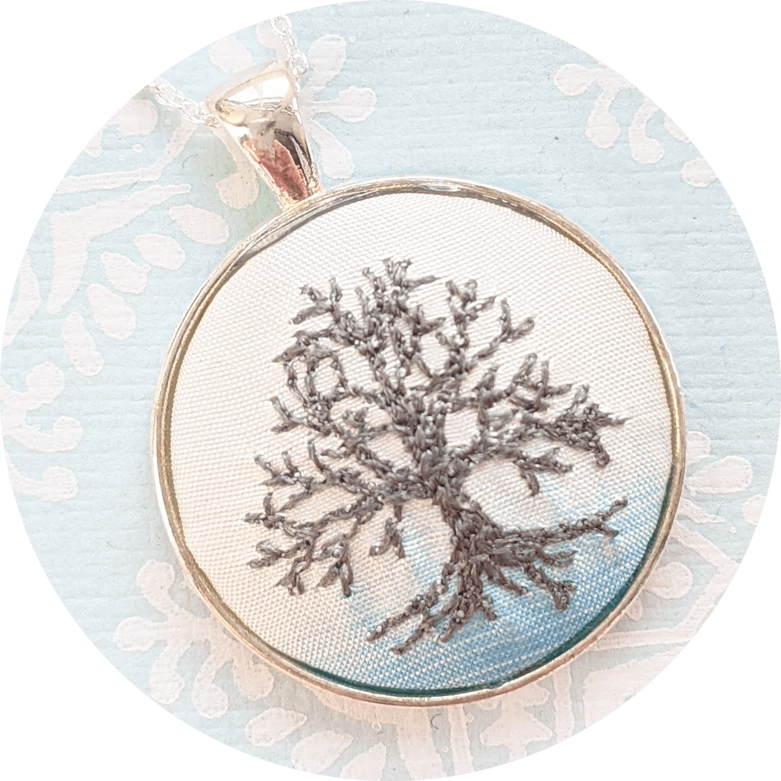Winter Tree Embroidered Pendant - Grey