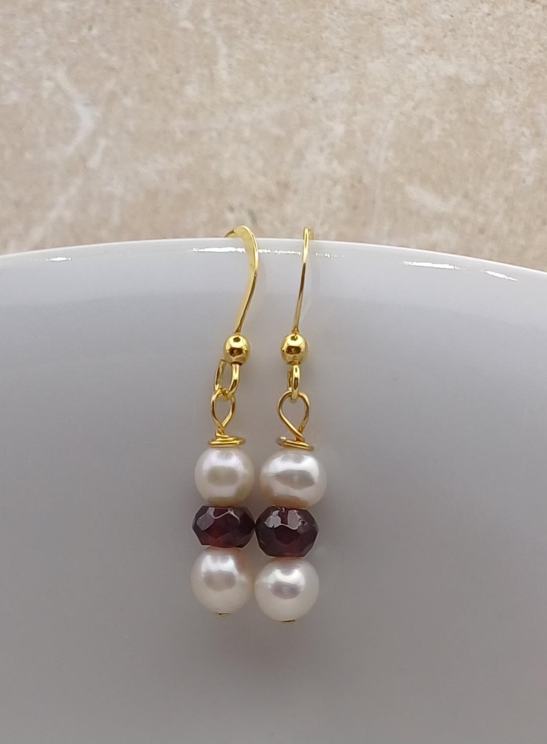 EARRINGS - 14k Gold Vermeil Pearl and Garnet Earrings