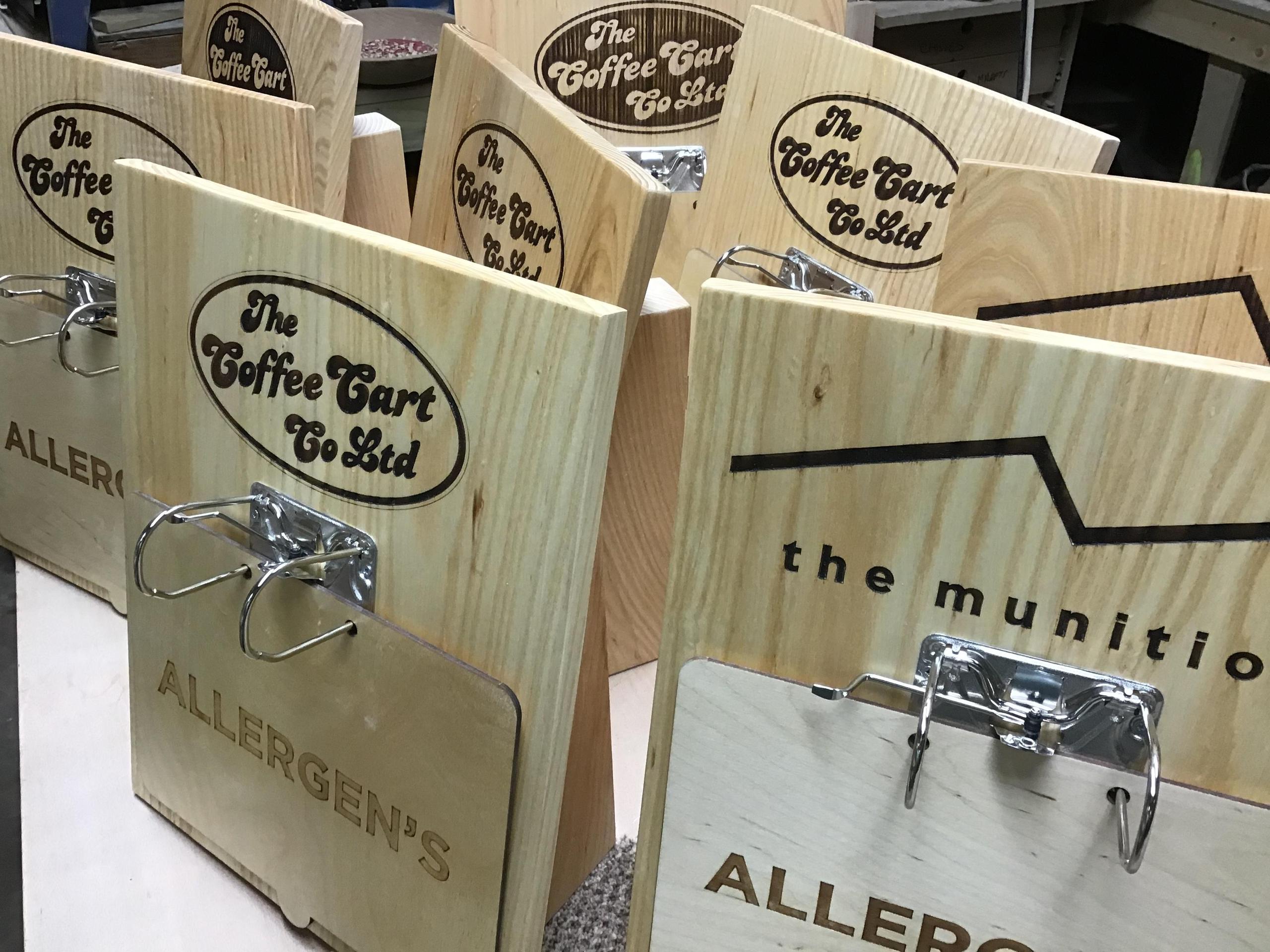 Point of sale boards engraved for Cofee cart co