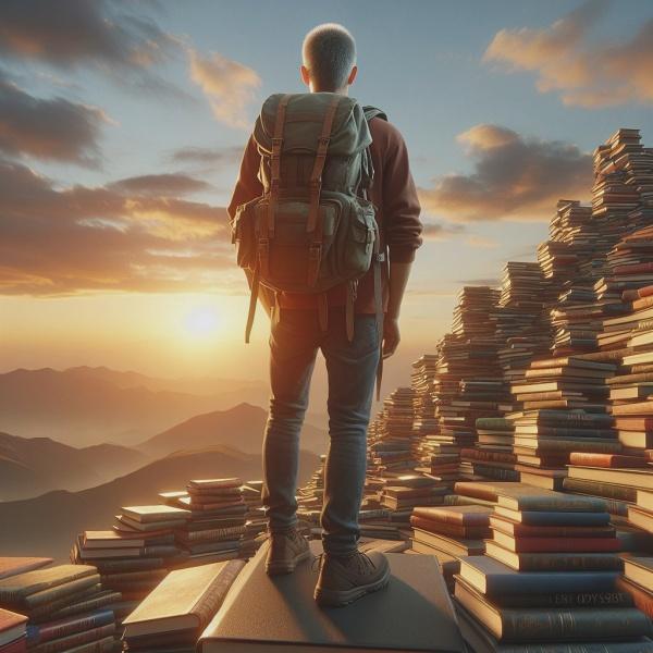 Mountain of books with man stood on the summit looking into the sunset