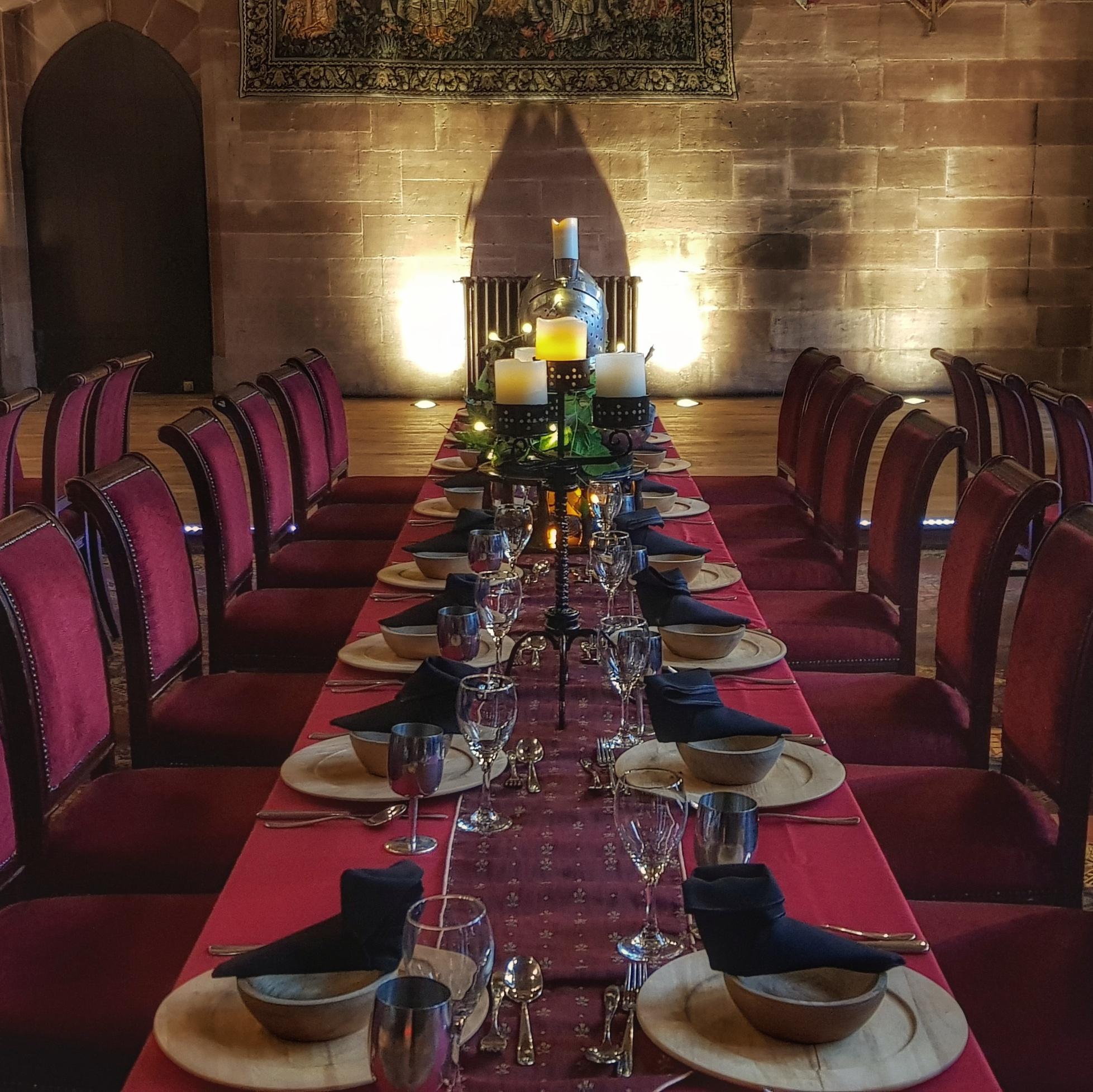 Wooden bowls, and place setting at Medieval Banquet at Peckforton Castle