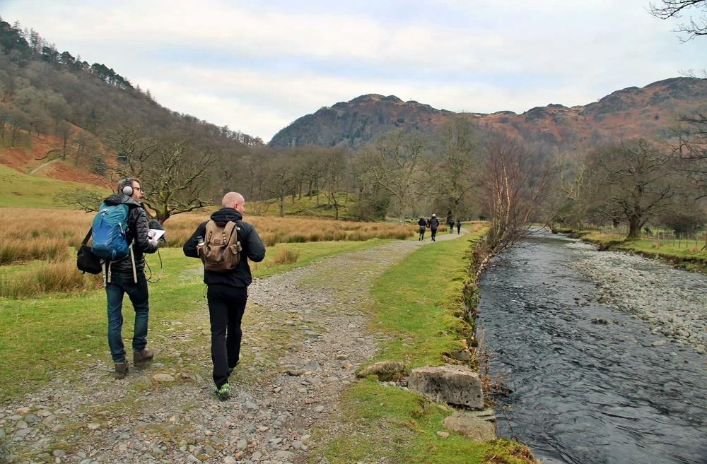 Conducting an interview beside the River Derwent in Borrowdale