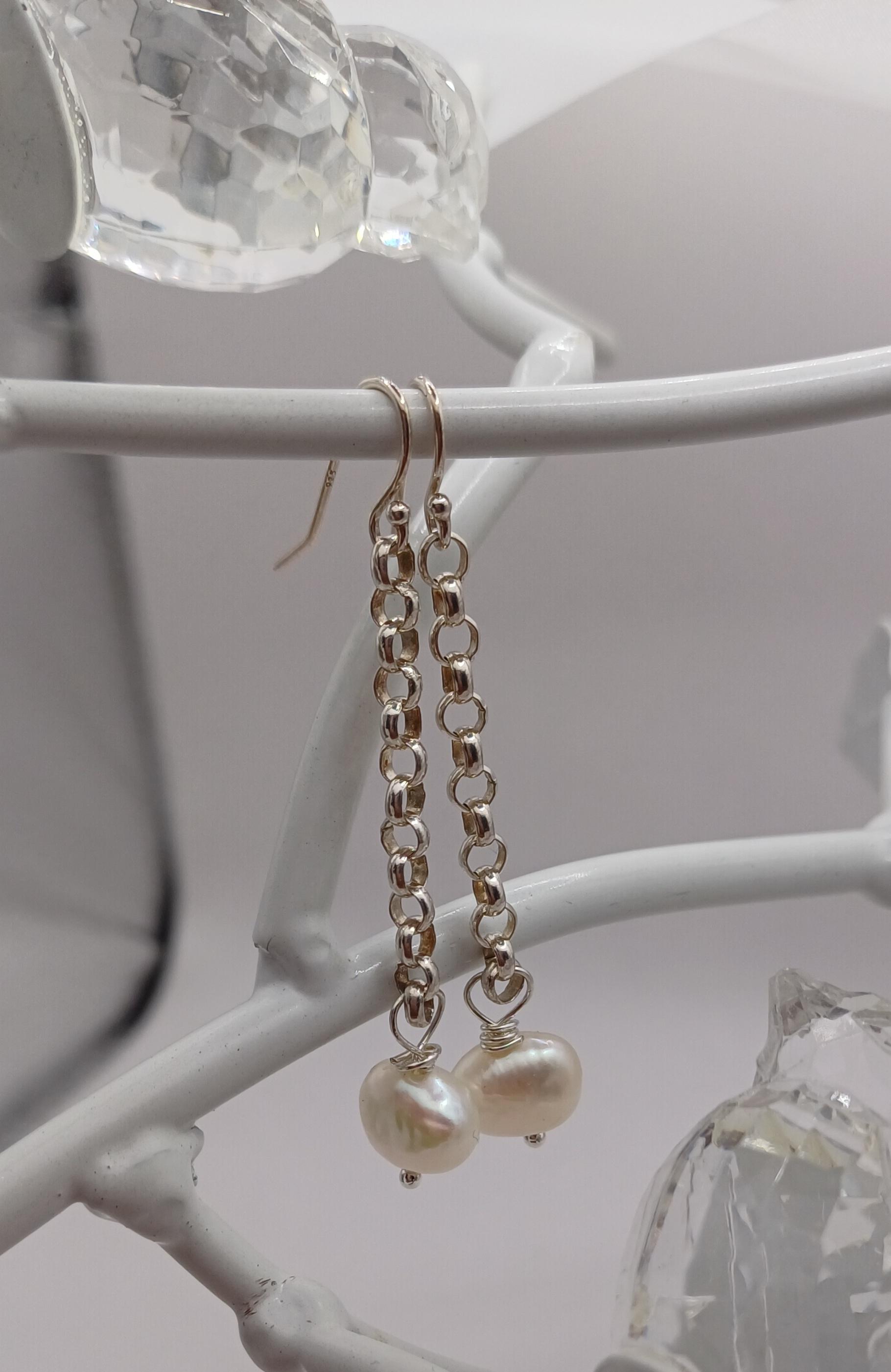 EARRINGS - Sterling Silver Pearl Chain Earrings