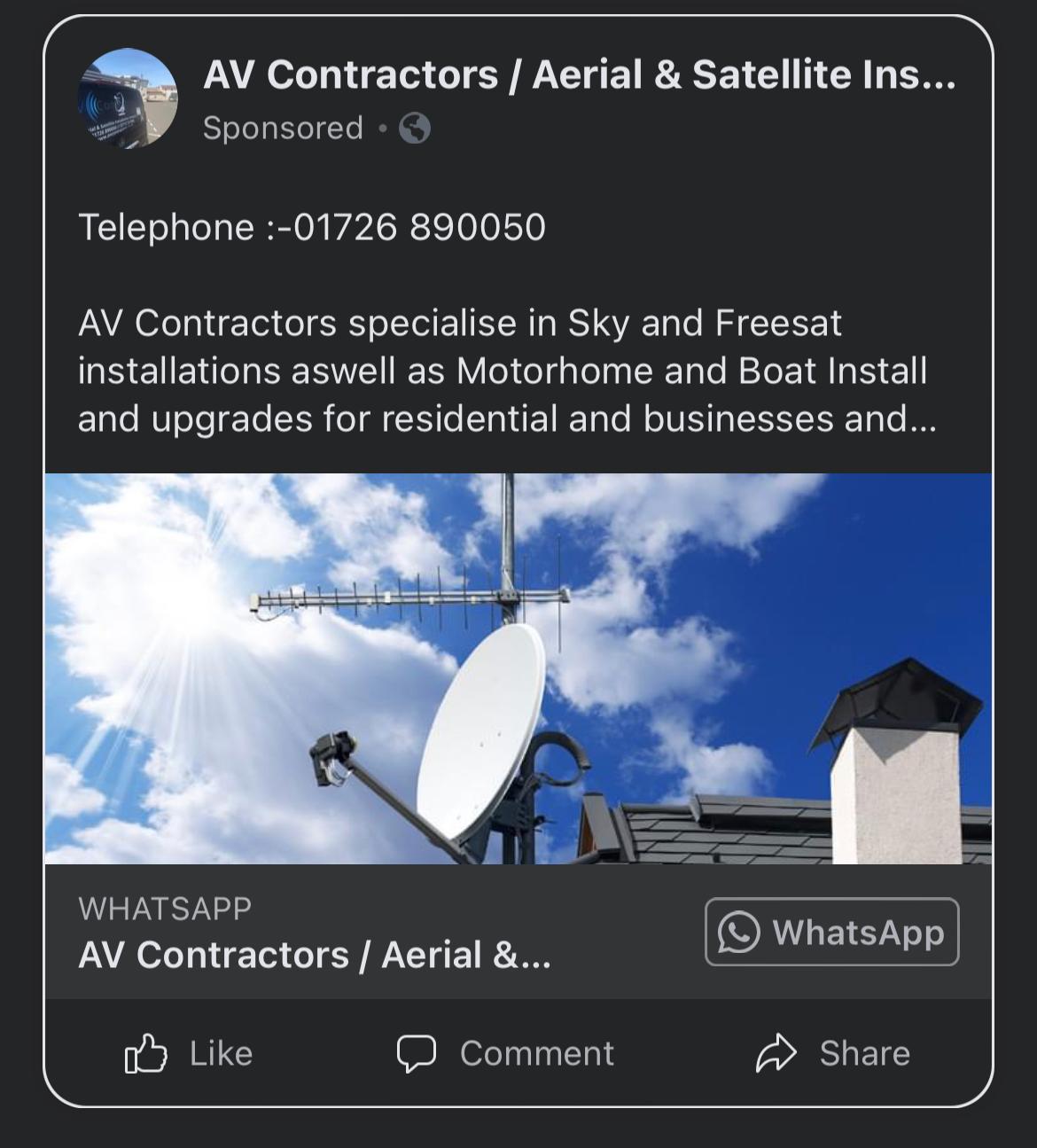whats app contact details for AV Contractors is 07717317000