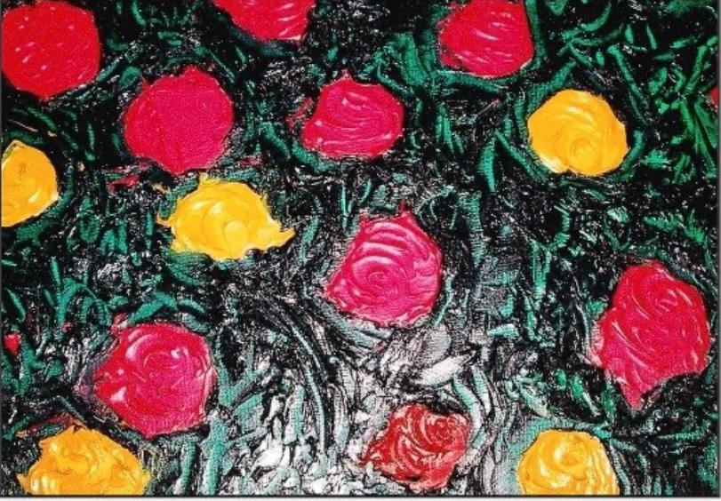 This gaudy, colourful puece is a bold concoction of textured oils on canvas