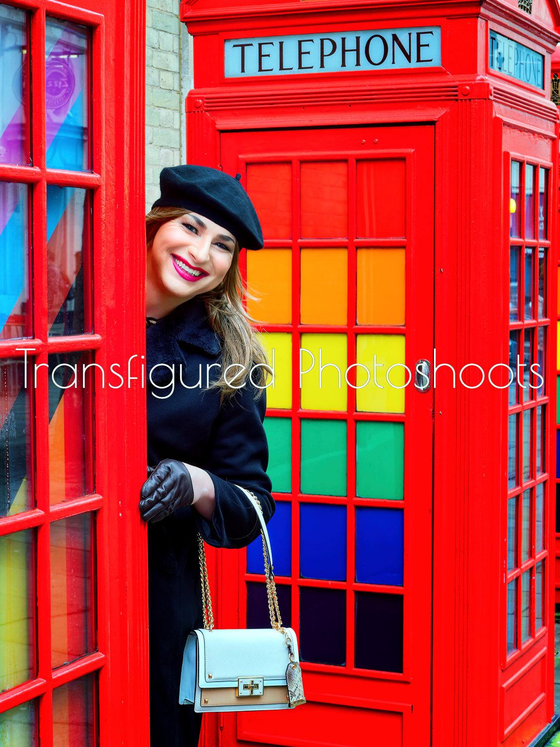 Jill posing among London phoneboxes