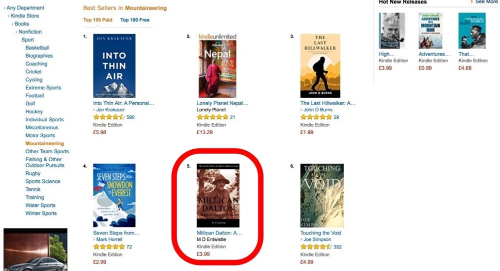 Amazon book rankings showing Millican Dalton at number in the mountaineering genre