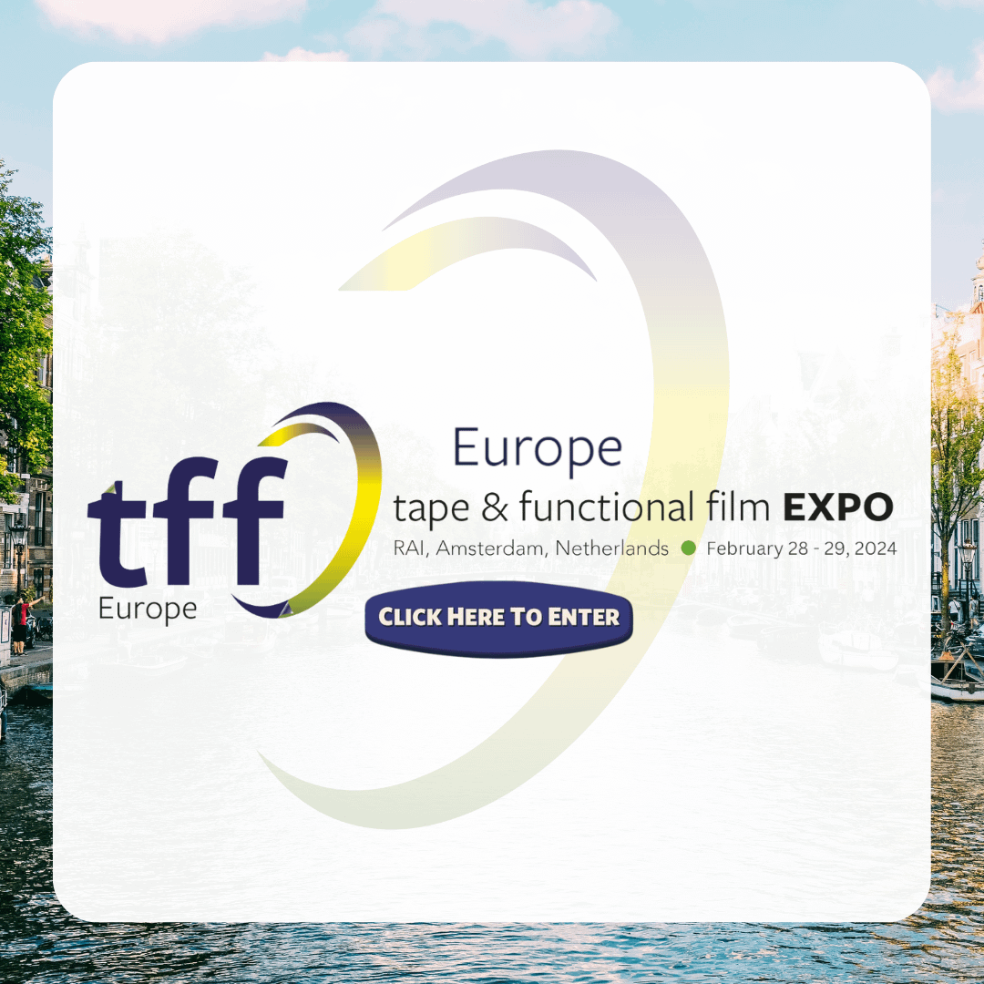 Logo for tff Europe. Europe tape & functional film Expo at RAI, Amsterdam, March 21st to 23rd 2023. Blue button with white text 'click here to enter'