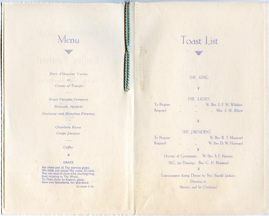 Aethelberht Lodge 4712 historic Ladies Festival menu card