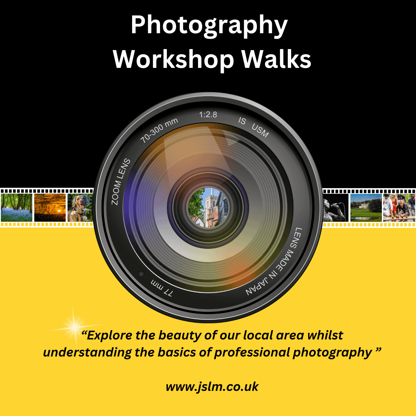 Poster with a cameral lens and writing promoting our workshop walks
