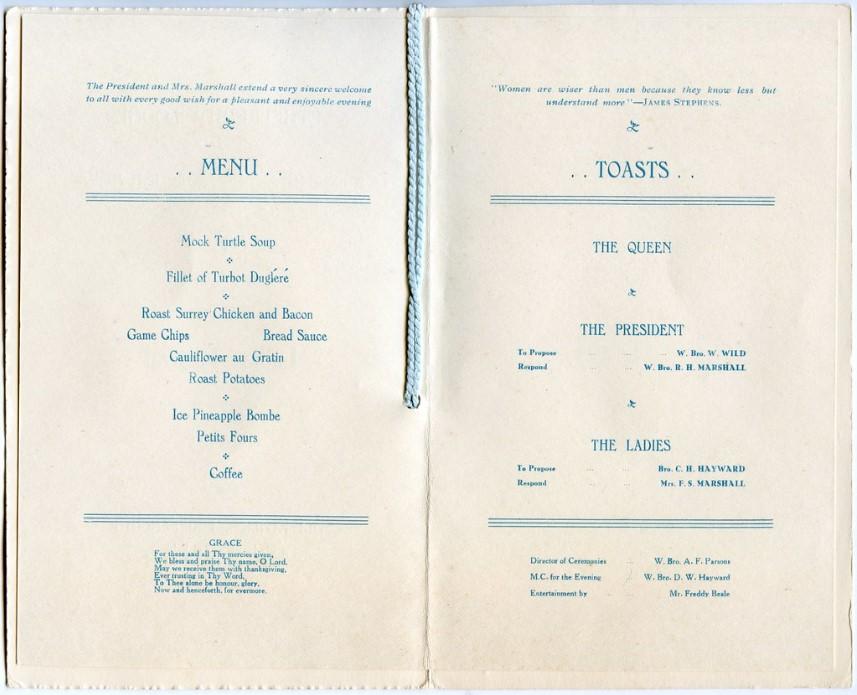 Aethelberht Lodge 4712 historic Ladies Festival menu card