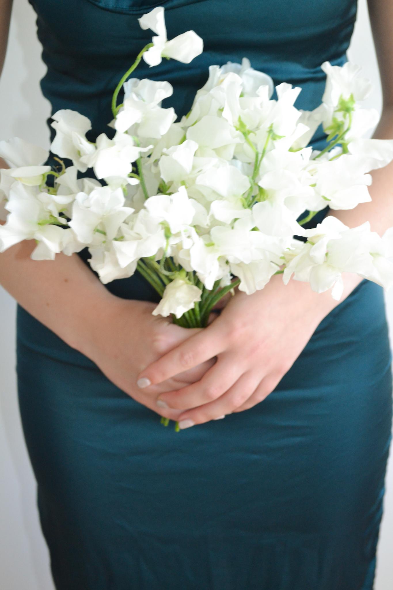 Sweet Pea Bridesmaid Bouquet, Green and White Theme