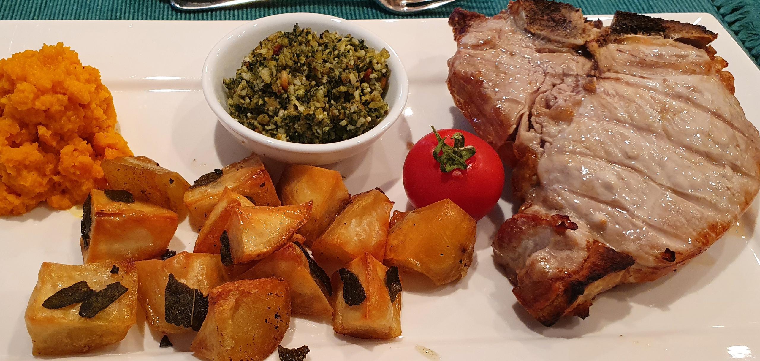 Pork Chop & Pesto Sauces with Sage Roast Potatoes & Creamed Carrot