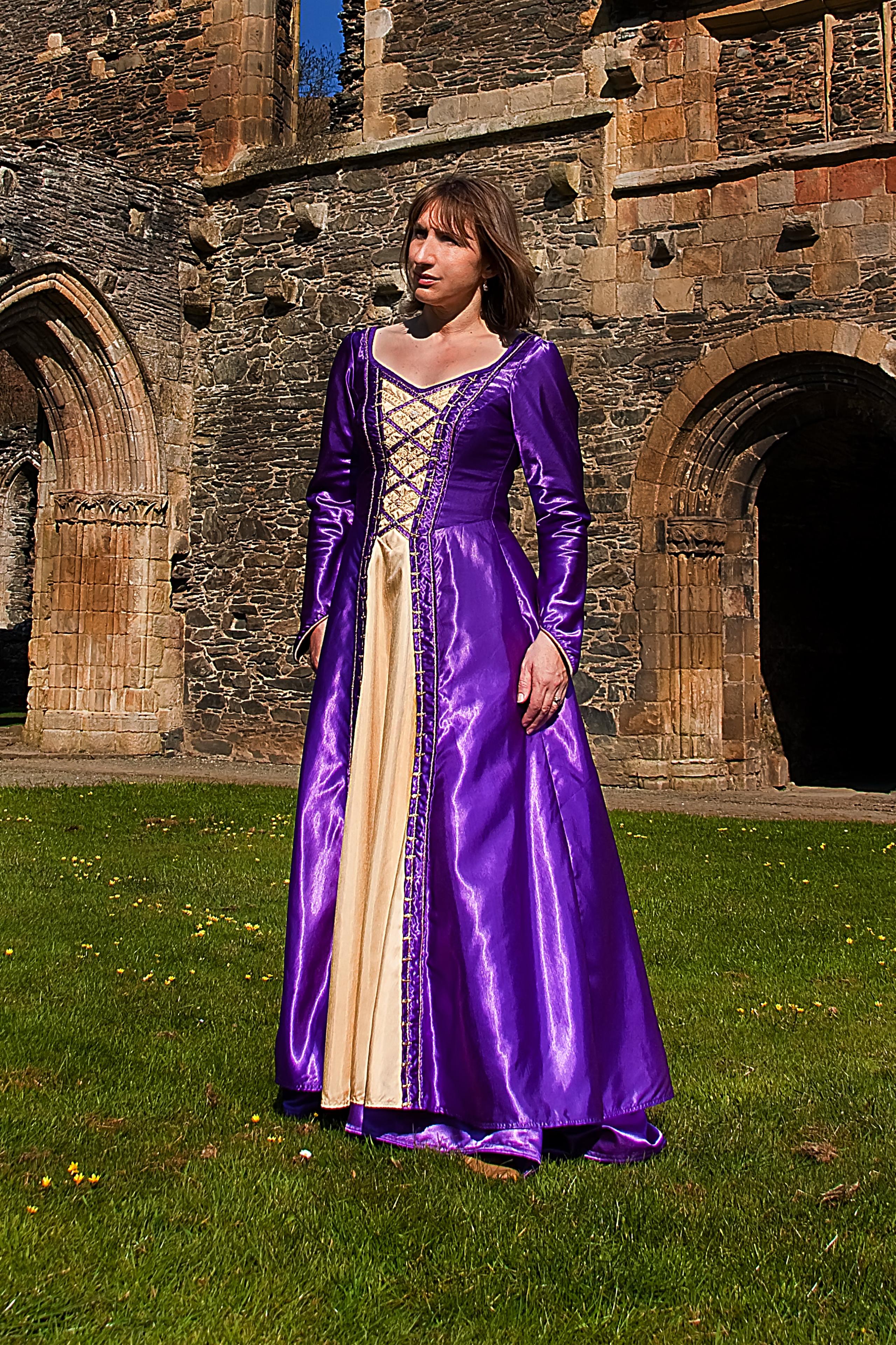Mid purple medieval gown with dark cream front panel