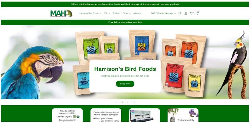 A screenshot of the homepage of the Meadow's Animal Healthcare online shop