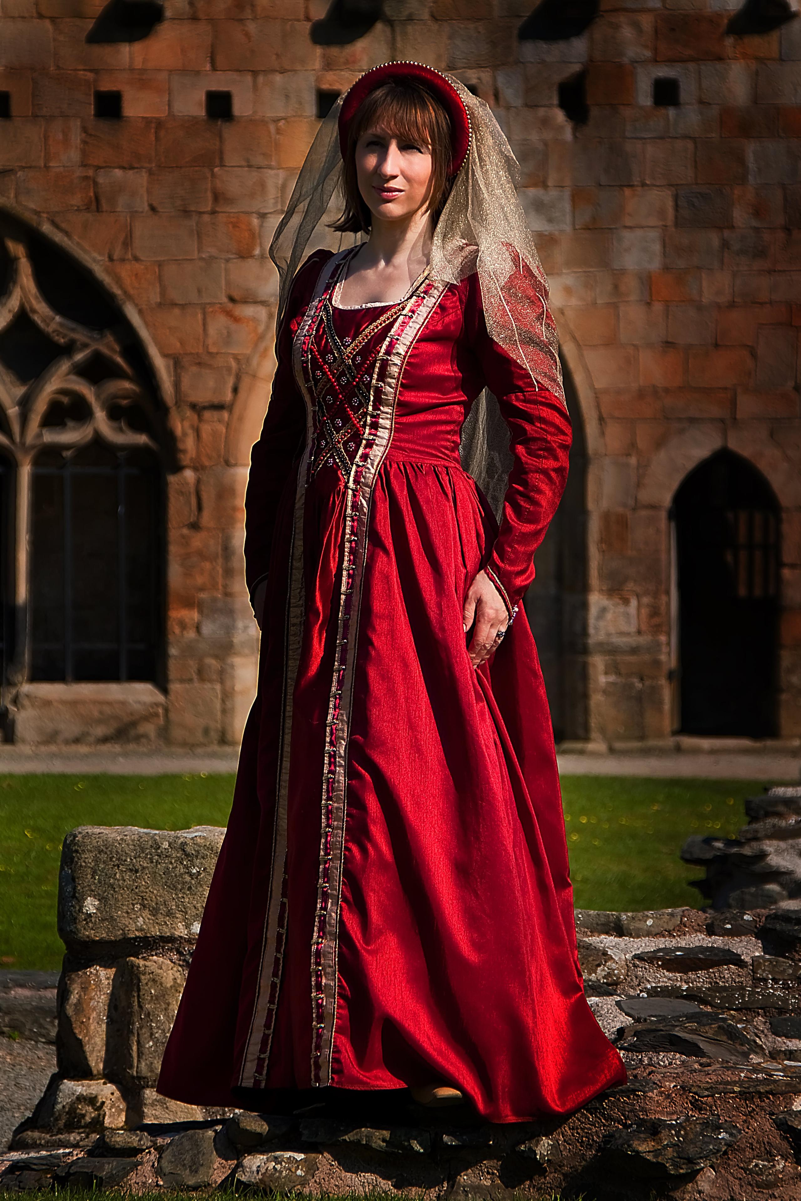 Red medieval gown with red and black heavy beading