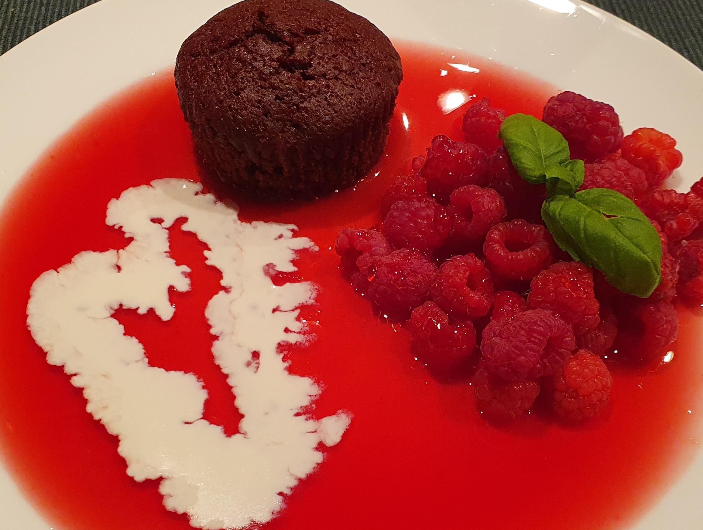 Chocolate Muffin with Raspberry Syrup & Fresh Raspberries