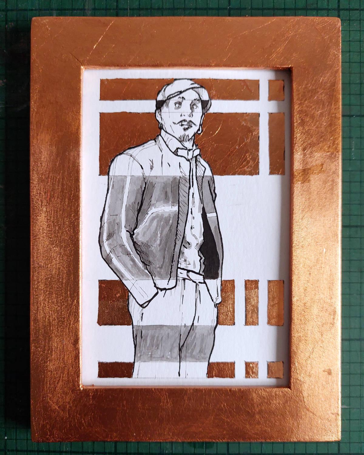 Ink + Copper Leaf on Paper and Frame 8x11 cm.