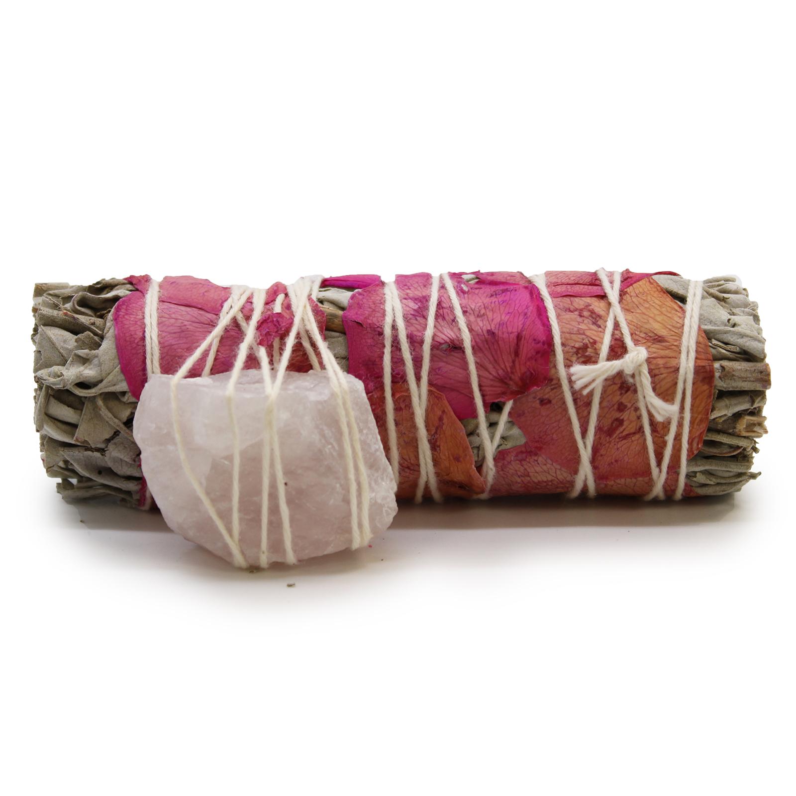 Smudge Stick - White Sage with Rose petals and crystal