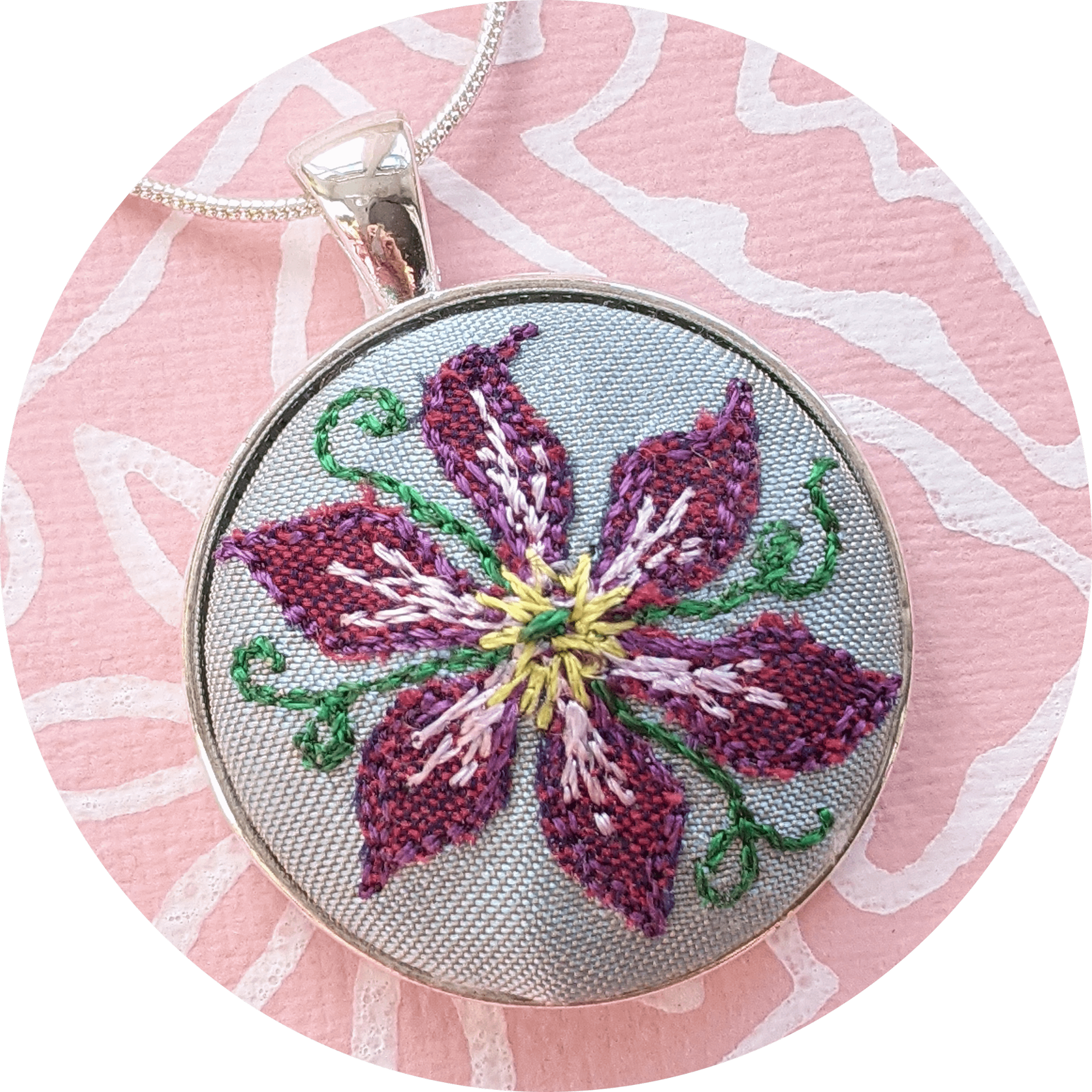 Clematis Embroidered Pendant