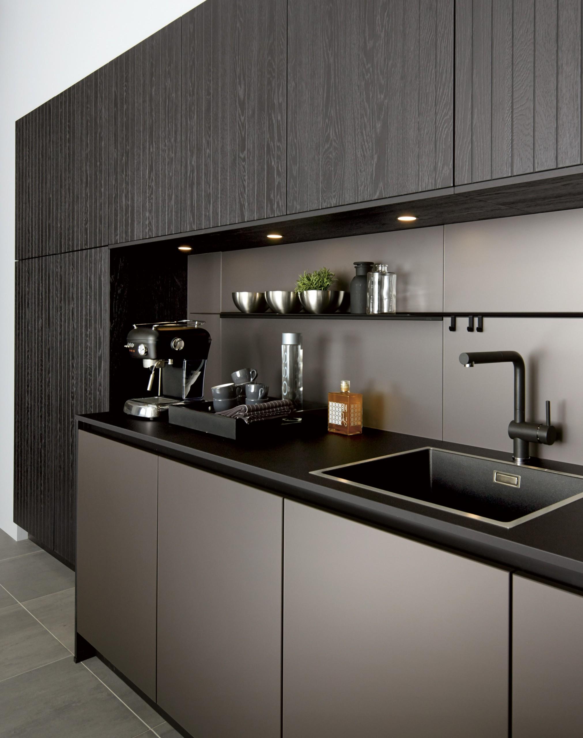 Contemporary open grain black oak & organic platinum kitchen