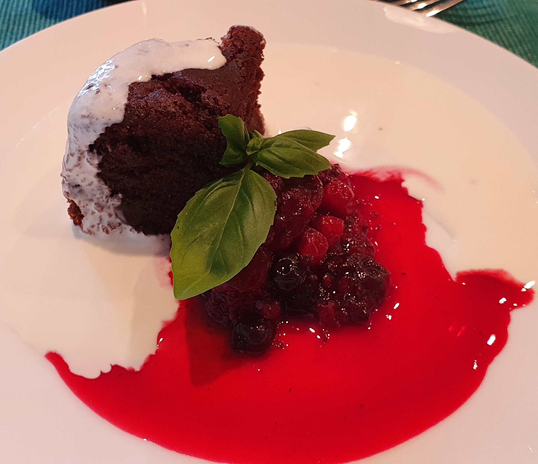 Chocolate Brownie with Strawberry Syrup & Berry compote