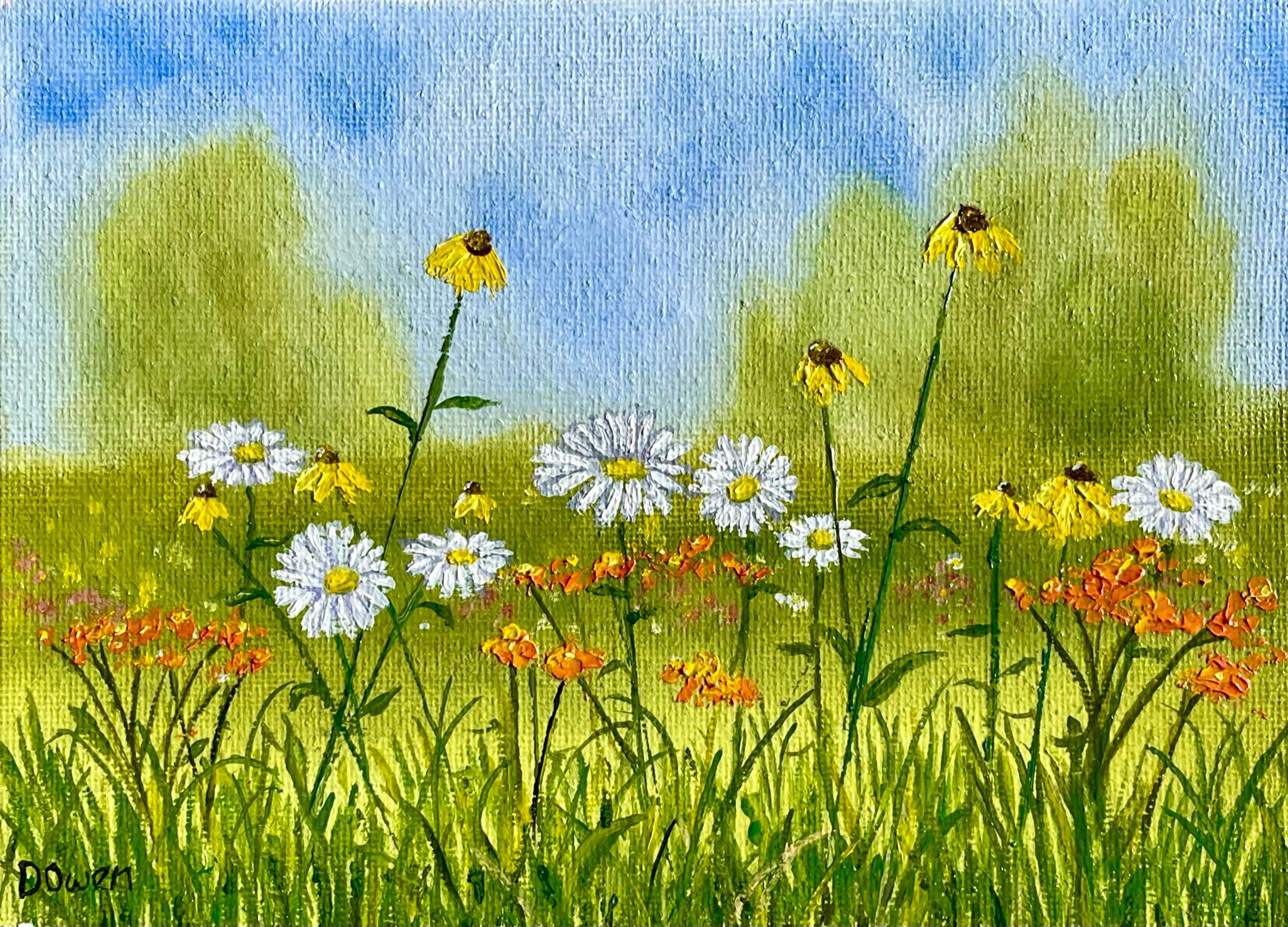 Small oil painting of yellow and white flowers