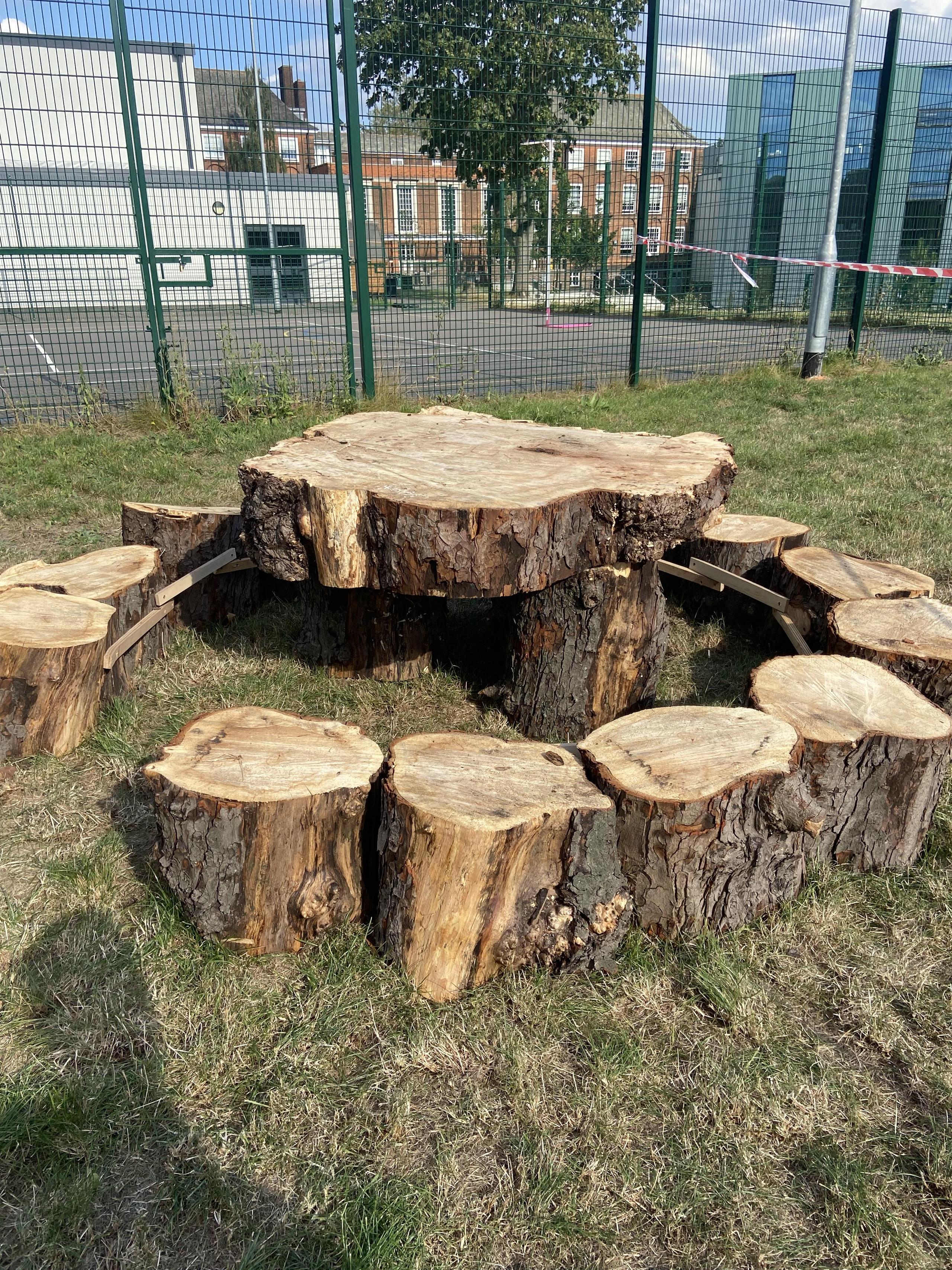 He is using the wood of a felled tree for many creations like this seating area