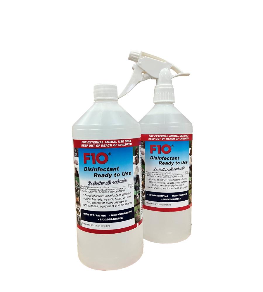 Two bottles of F10 Disinfectant Ready to Use - one with spray, one without