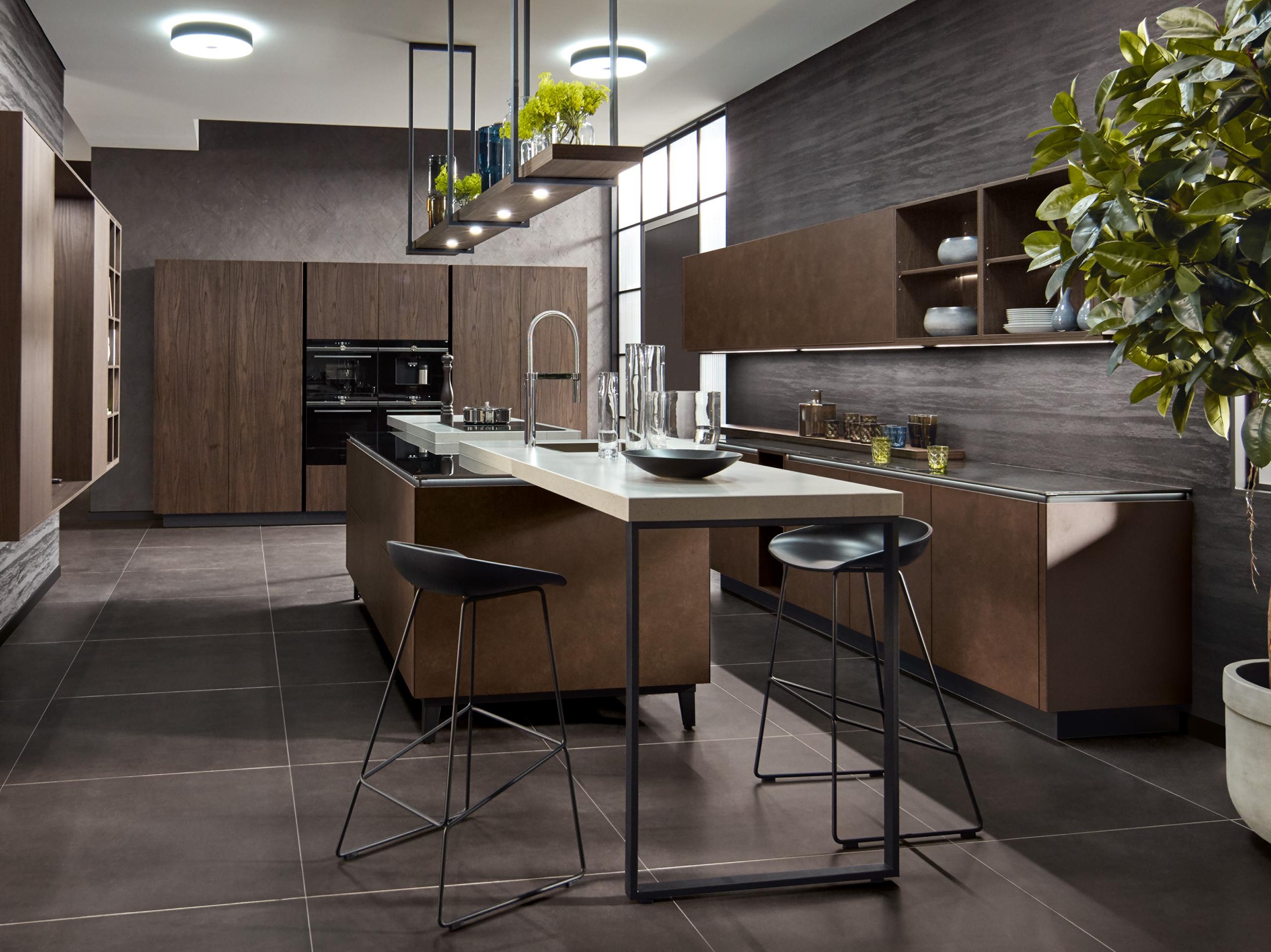 Modern terrazzo gold brown kitchen with Sherwood dark brown finish tall furniture