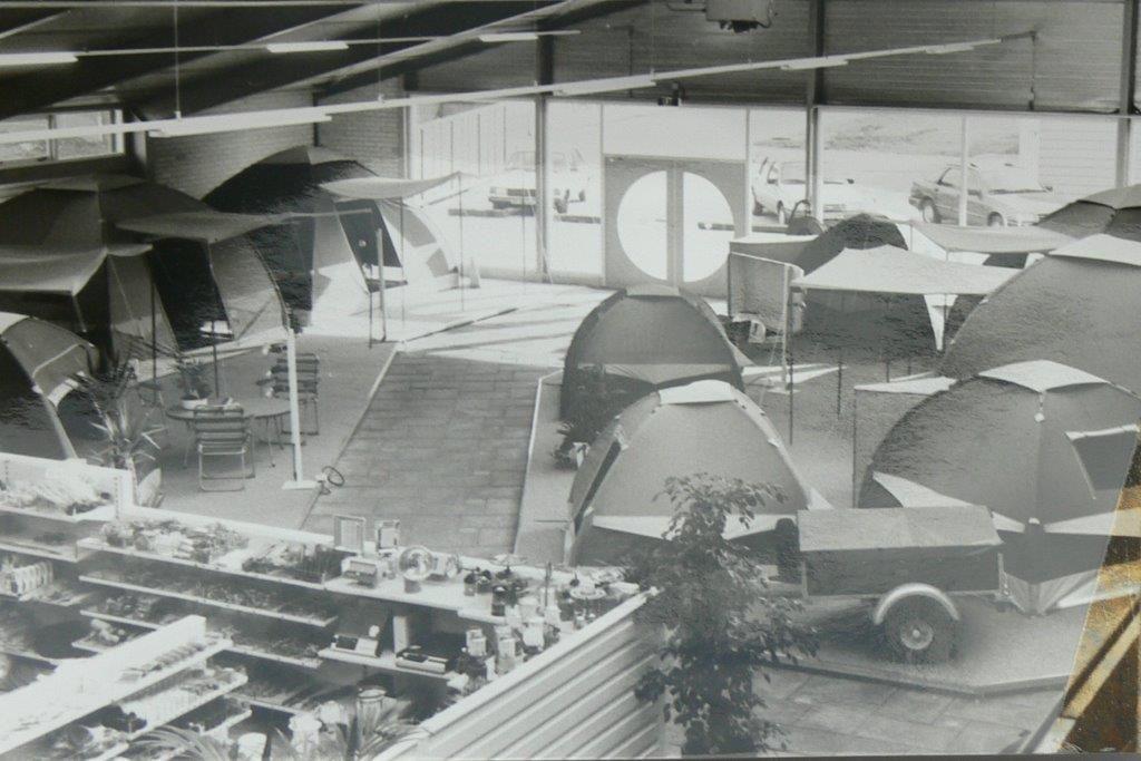 Picture of the early Karsten Tent Factory from the 1980's showing their new range of Karsten Inflatable Tents.