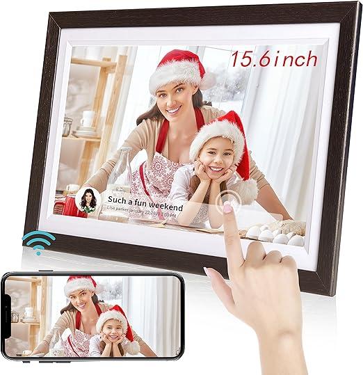 BYYBUO 15.6 Inch WiFi Digital Photo Frame, 1366 x 768 IPS Touchscreen, 32GB Walnut brown