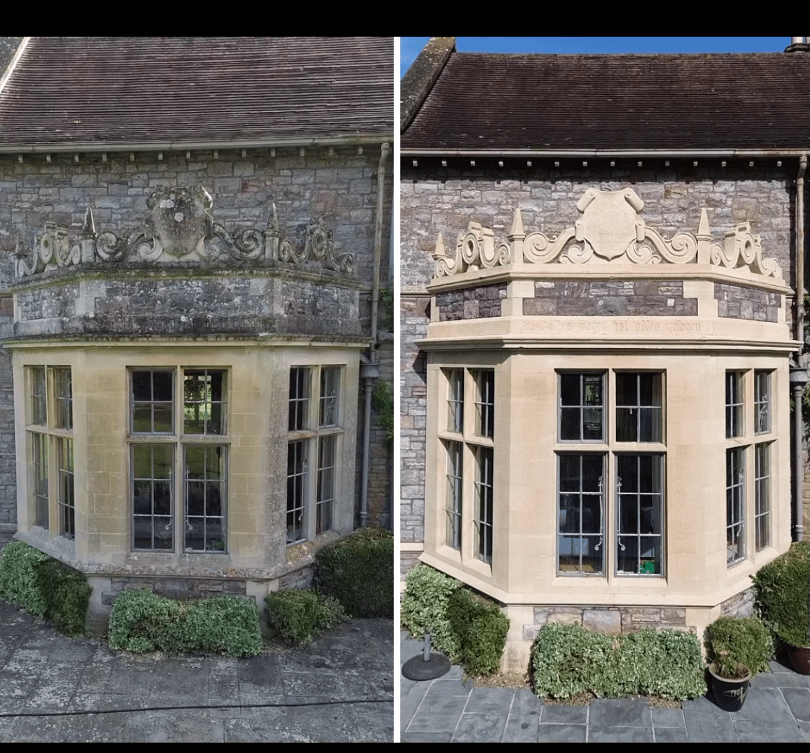 before and after of cleaned stonework on a house