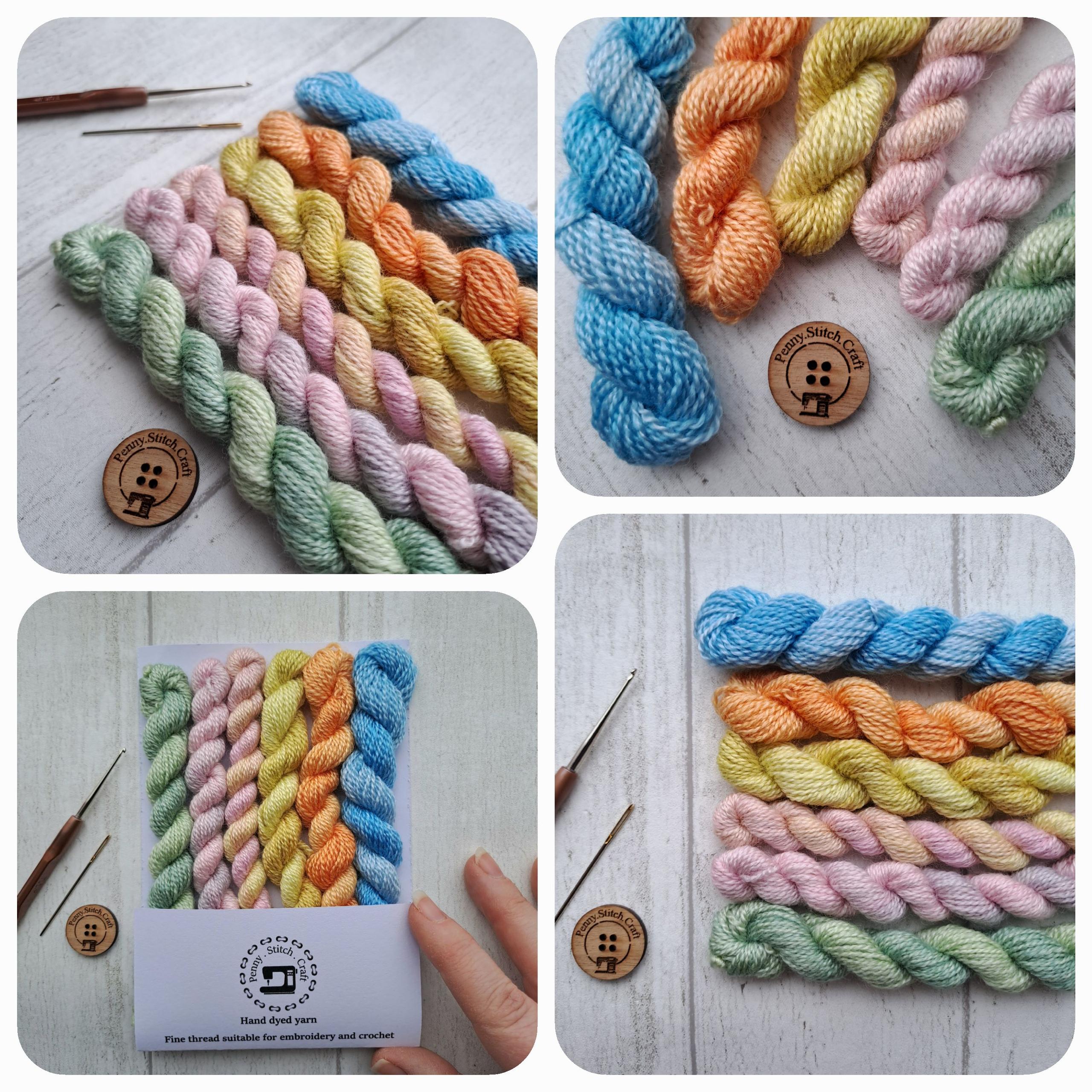 Hand dyed silk and wool mini skeins for embroidery and crochet.