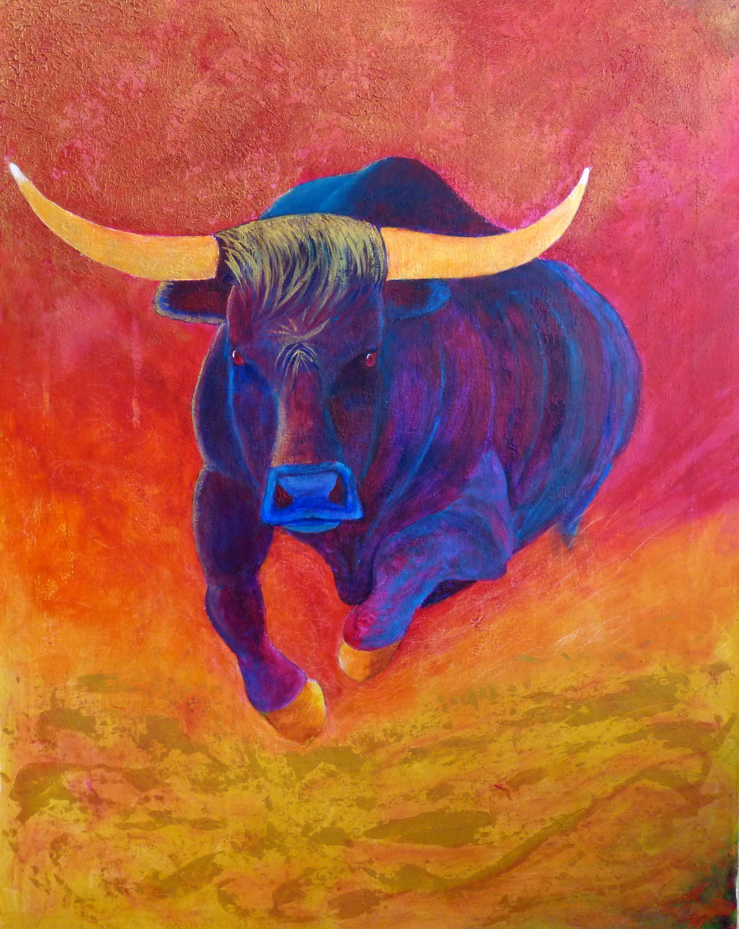 charging bull, acrylics, textured, bright