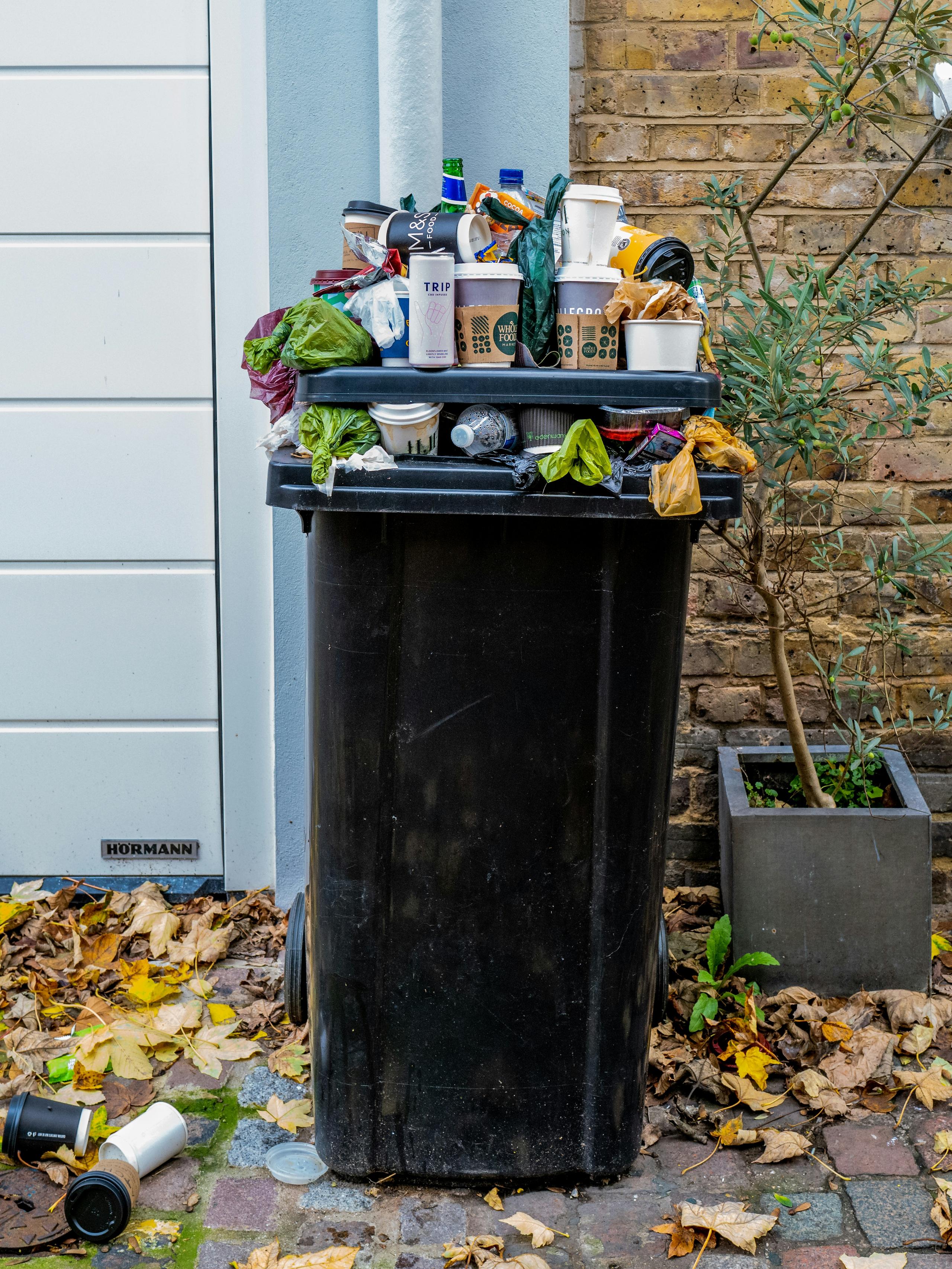 An image of a bin overflowing with mixed rubbish, some recyclable,  some compostable