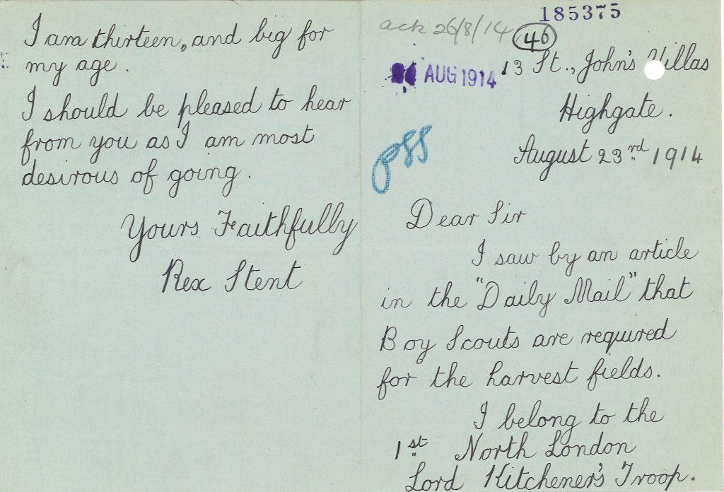 Letter from a Scout volunteering to work on land in France during WWi