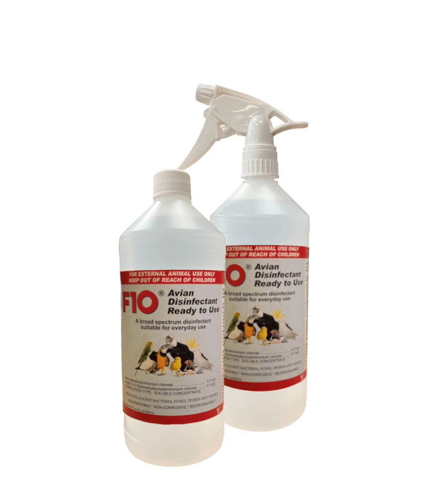 Two bottles of F10 Avian Disinfectant - Ready to Use - one with spray, one without