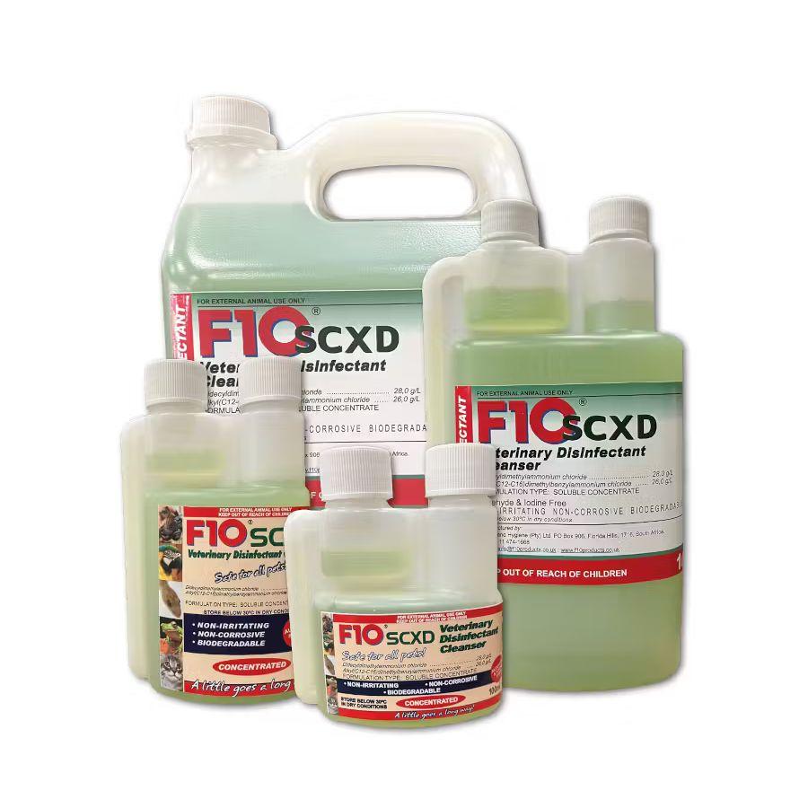 Bottles of F10SCXD Veterinary Disinfectant Cleanser