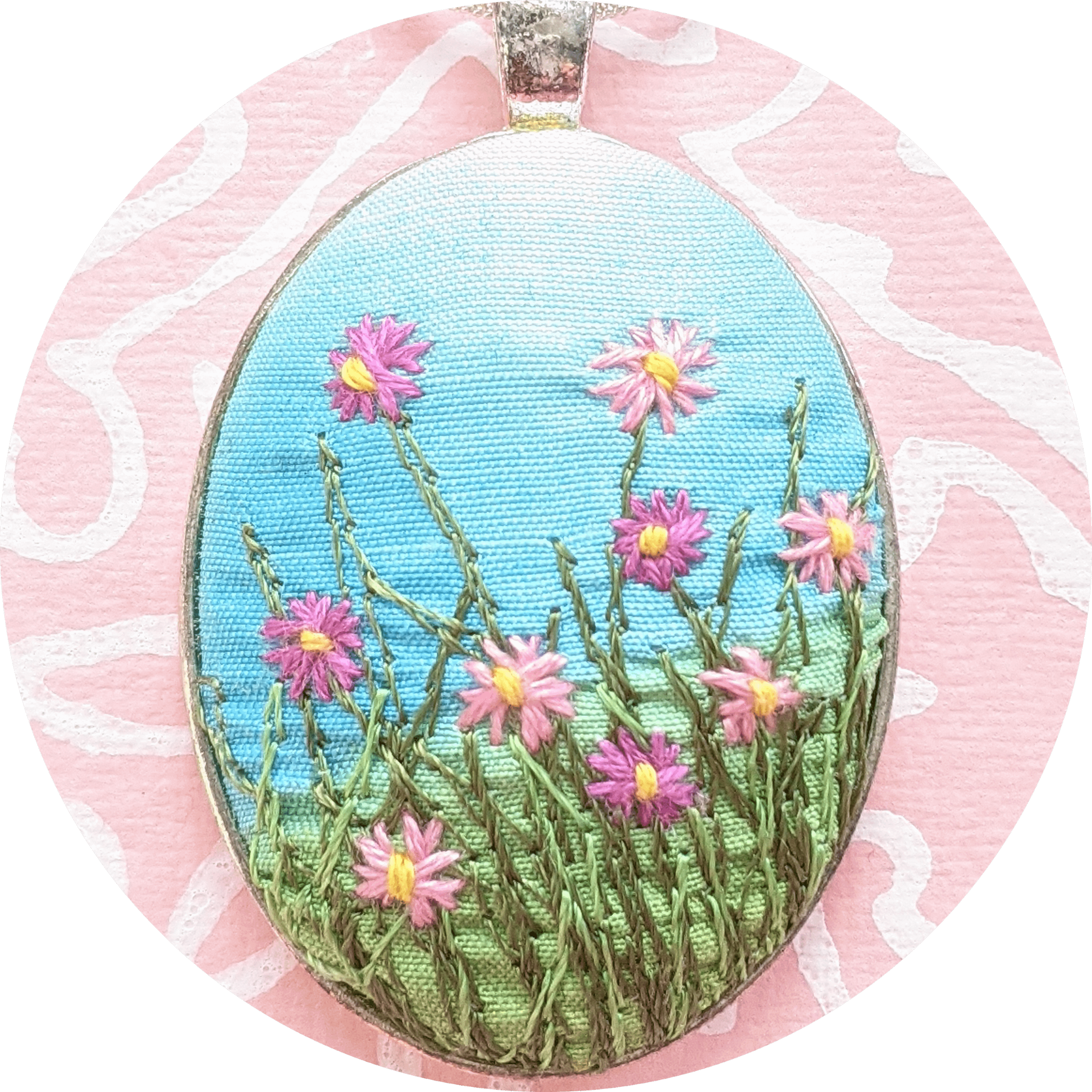 Pink Daisies Embroidered Pendant