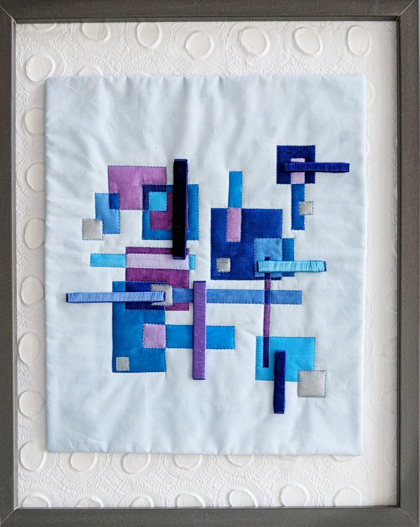 Paainted wholecloth quilt with machine stitching and shapes wrapped in silk thread.  31 x 38cm