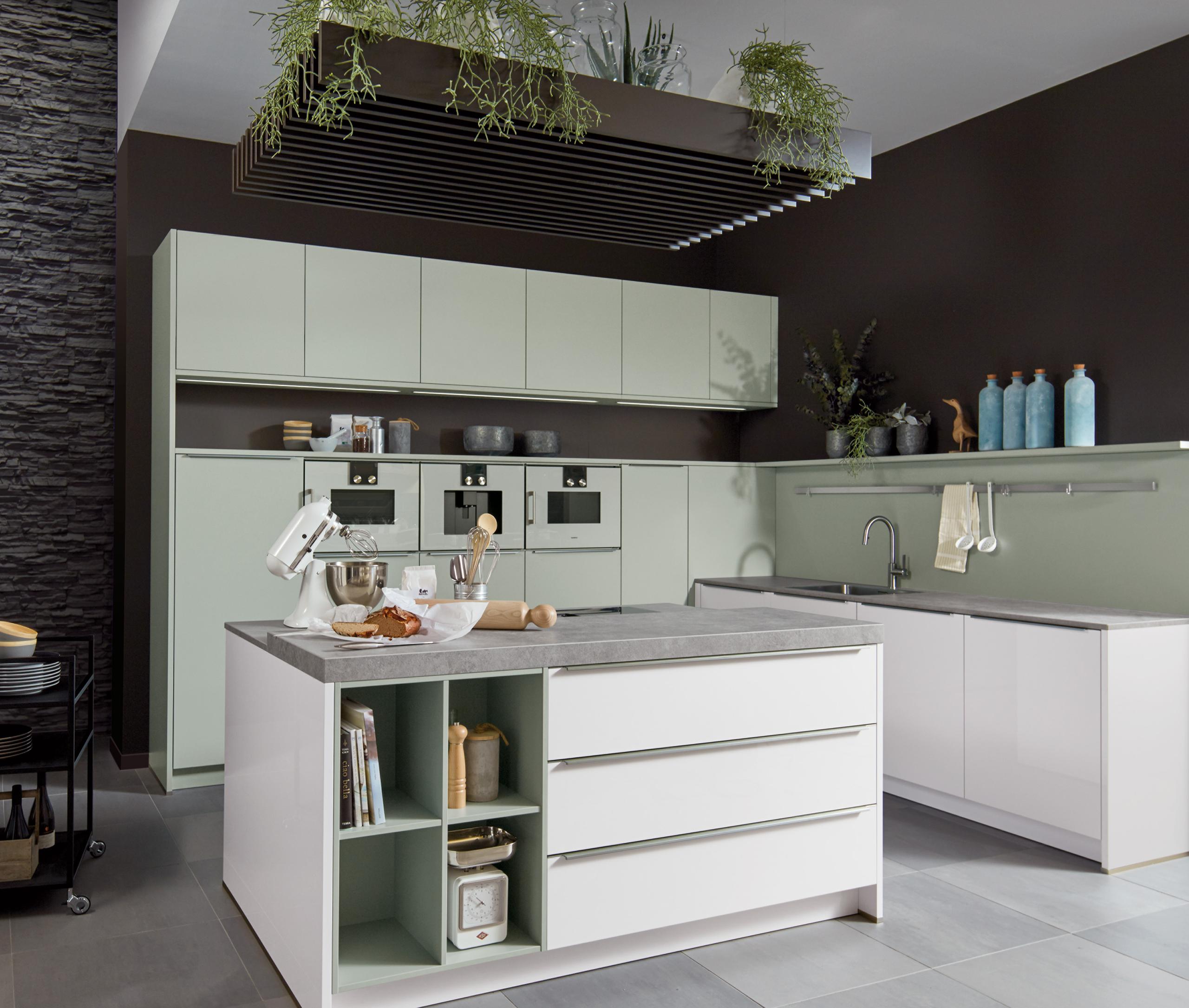 Contemporary kitchen with handle. Matt grey-green & gloss super white