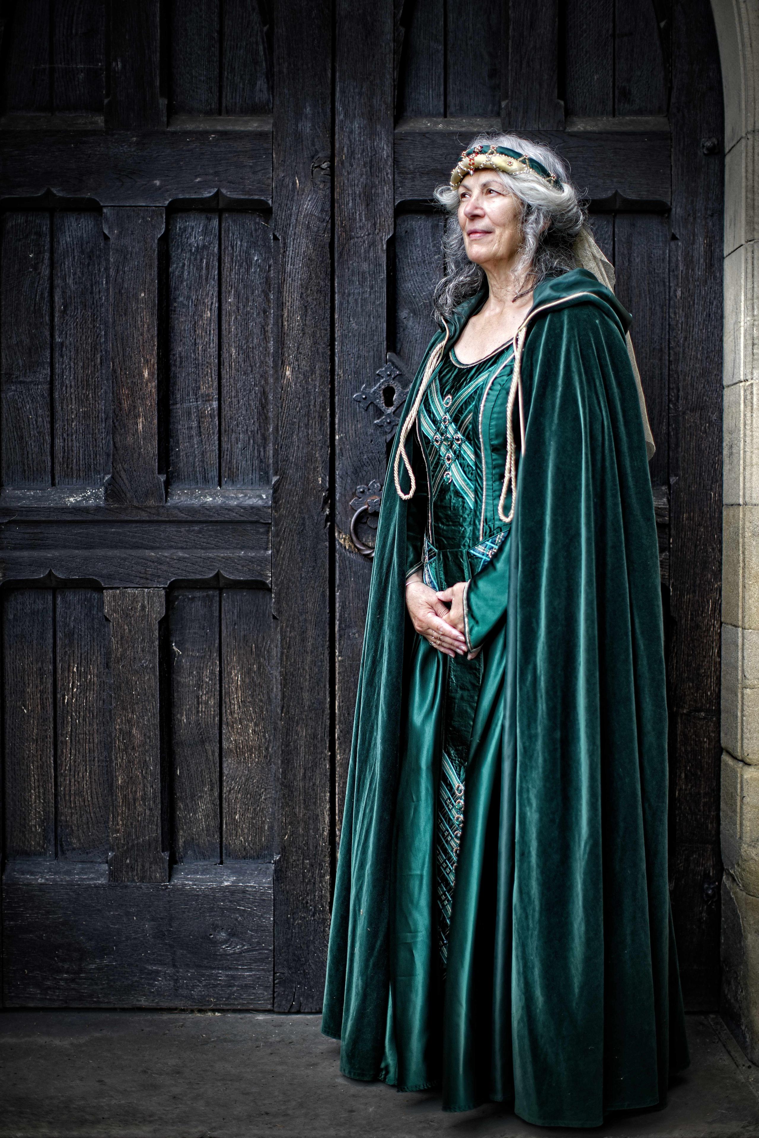 Castleton green. A ve neck medieval gown in green, petrol blue and gold.