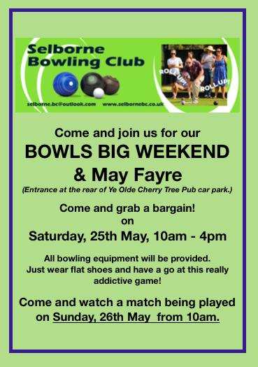 poster or flyer advertising event Bowls Big Weekend and May Fayre at Selborne Bowling Club