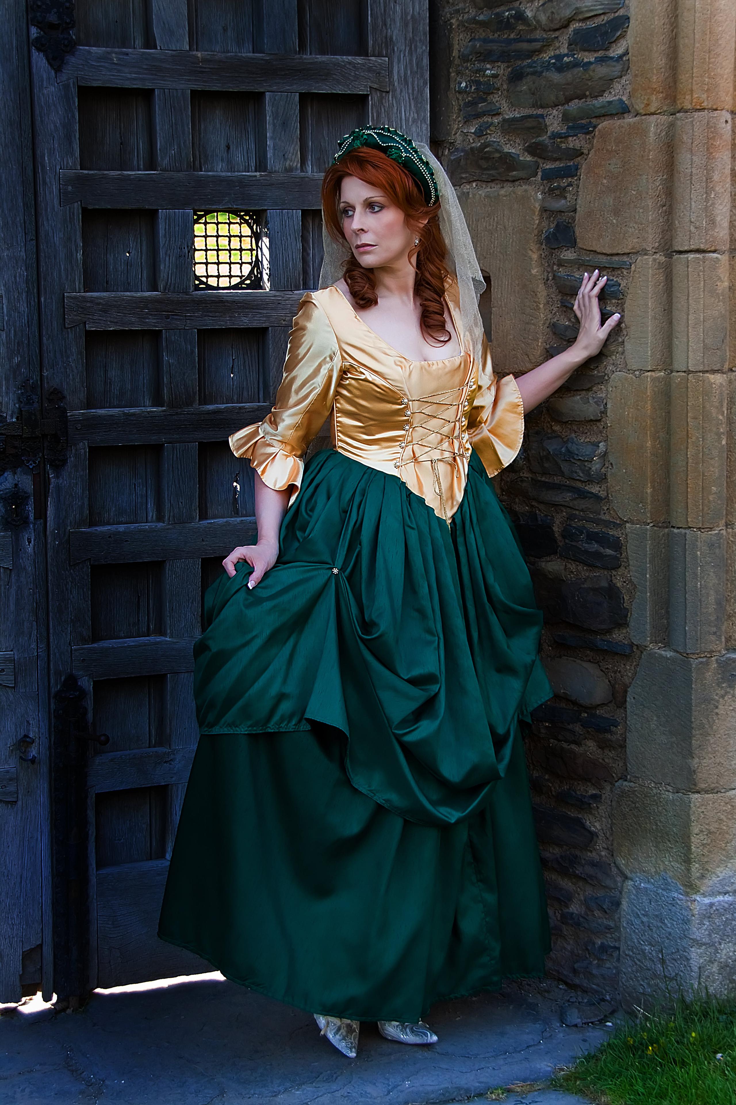 Bottle green and gold dress. Medieval style with three quarter sleeve